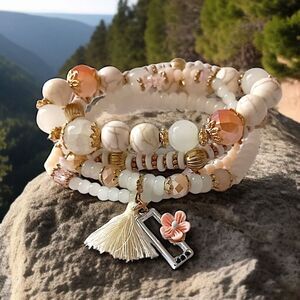 Glass Beaded Stacked Bracelet Rows Beads Floral Neutrals Y2K Boho Fairy Indie